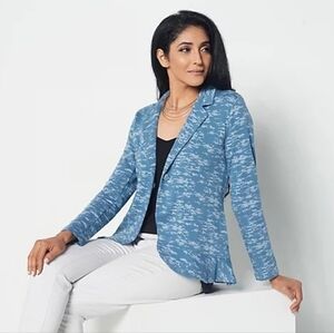 LOGO by Lori Goldstein Camo Blazer Size 2X Blue One Button‎ Stretch Pockets